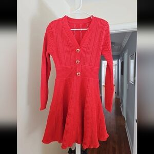 Red Knit Cardigan Dress with Heart Buttons